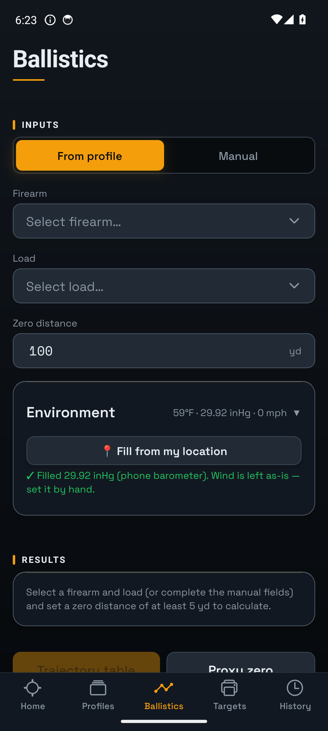 Ballistics solver screen