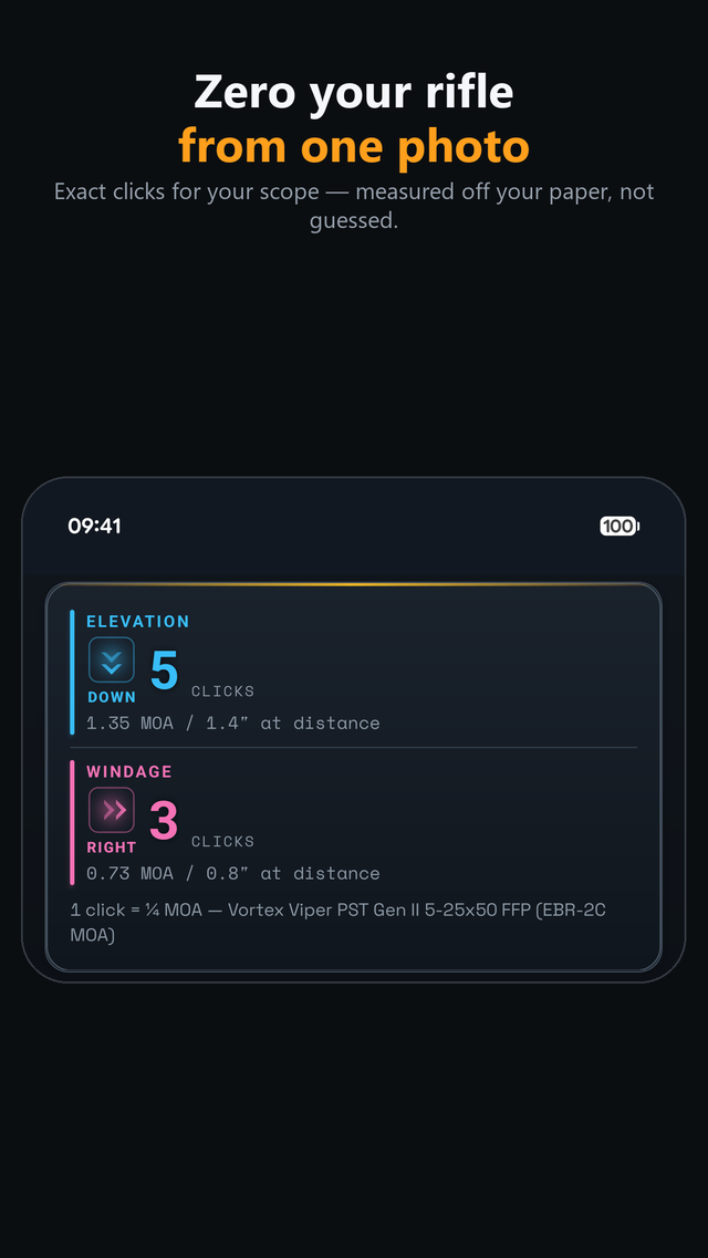 Exact elevation and windage clicks for the measured group