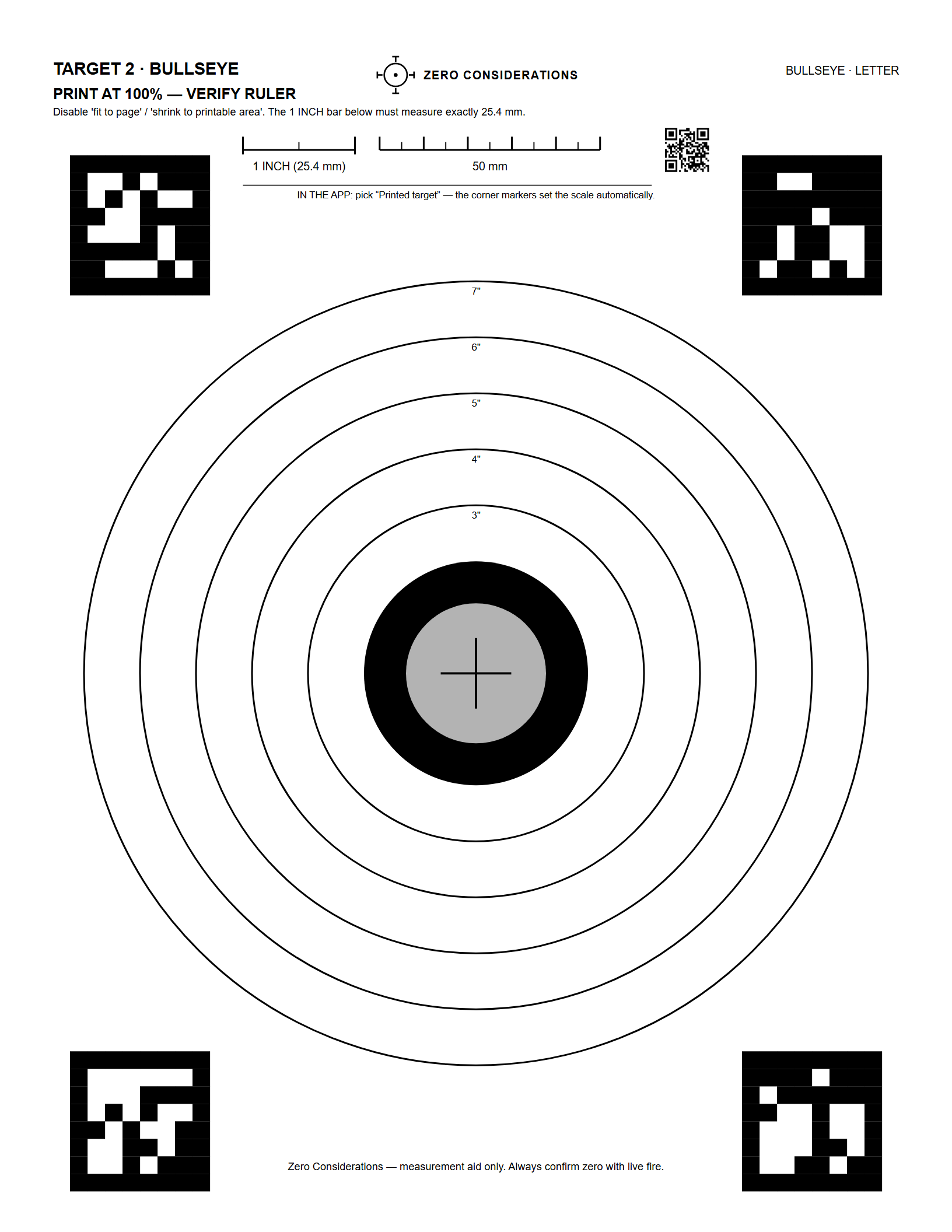 Printable bullseye sight-in target with labeled ring diameters