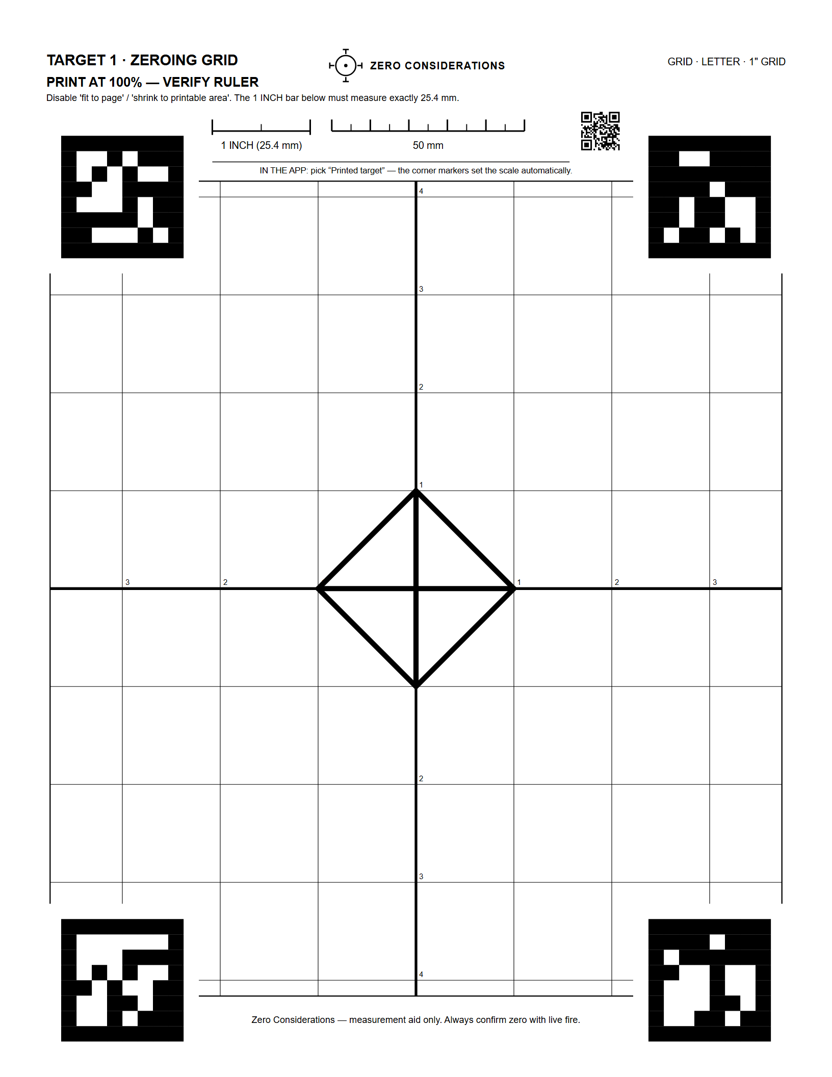 Printable 1-inch grid zeroing target
