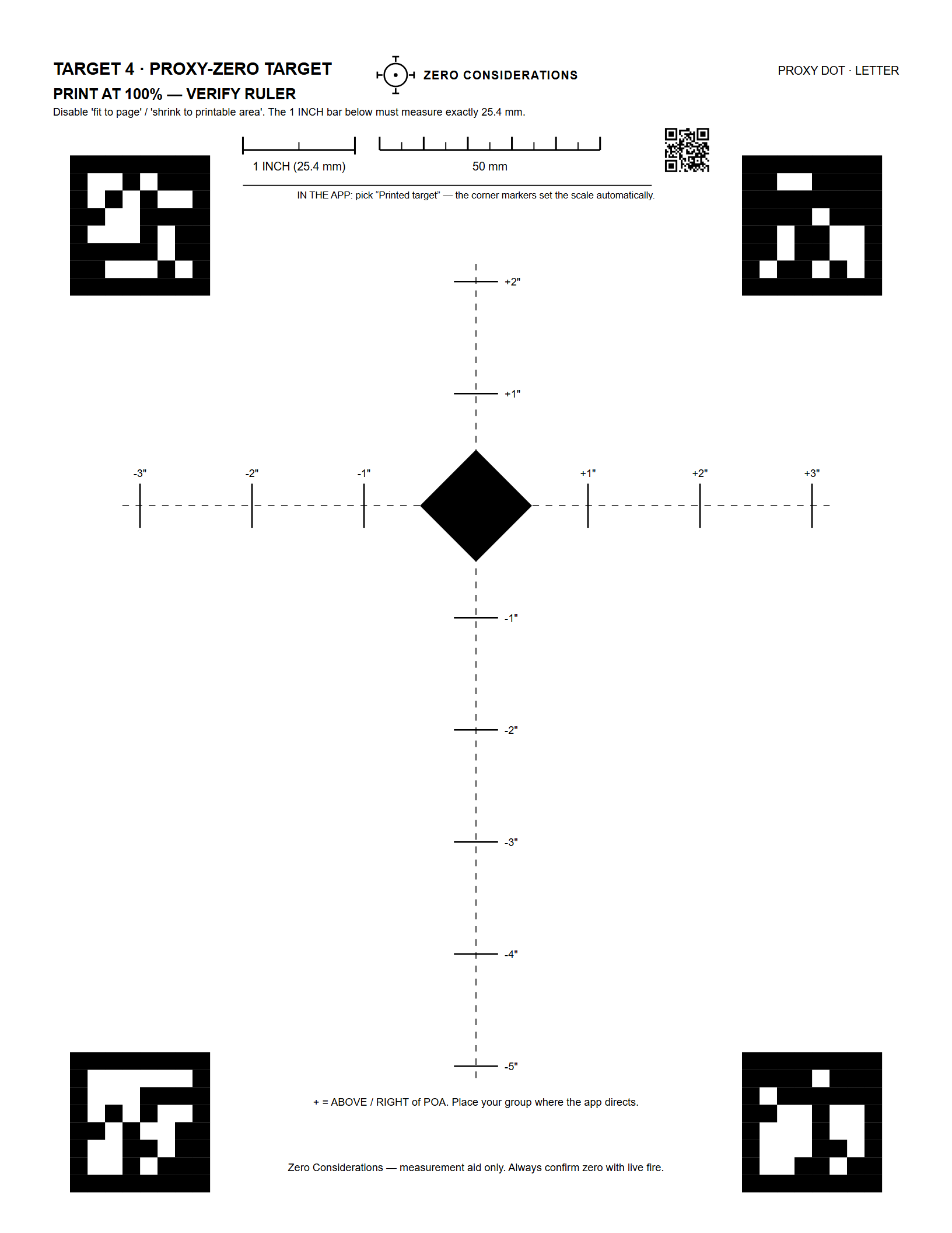Printable proxy zero target with inch offset ladder