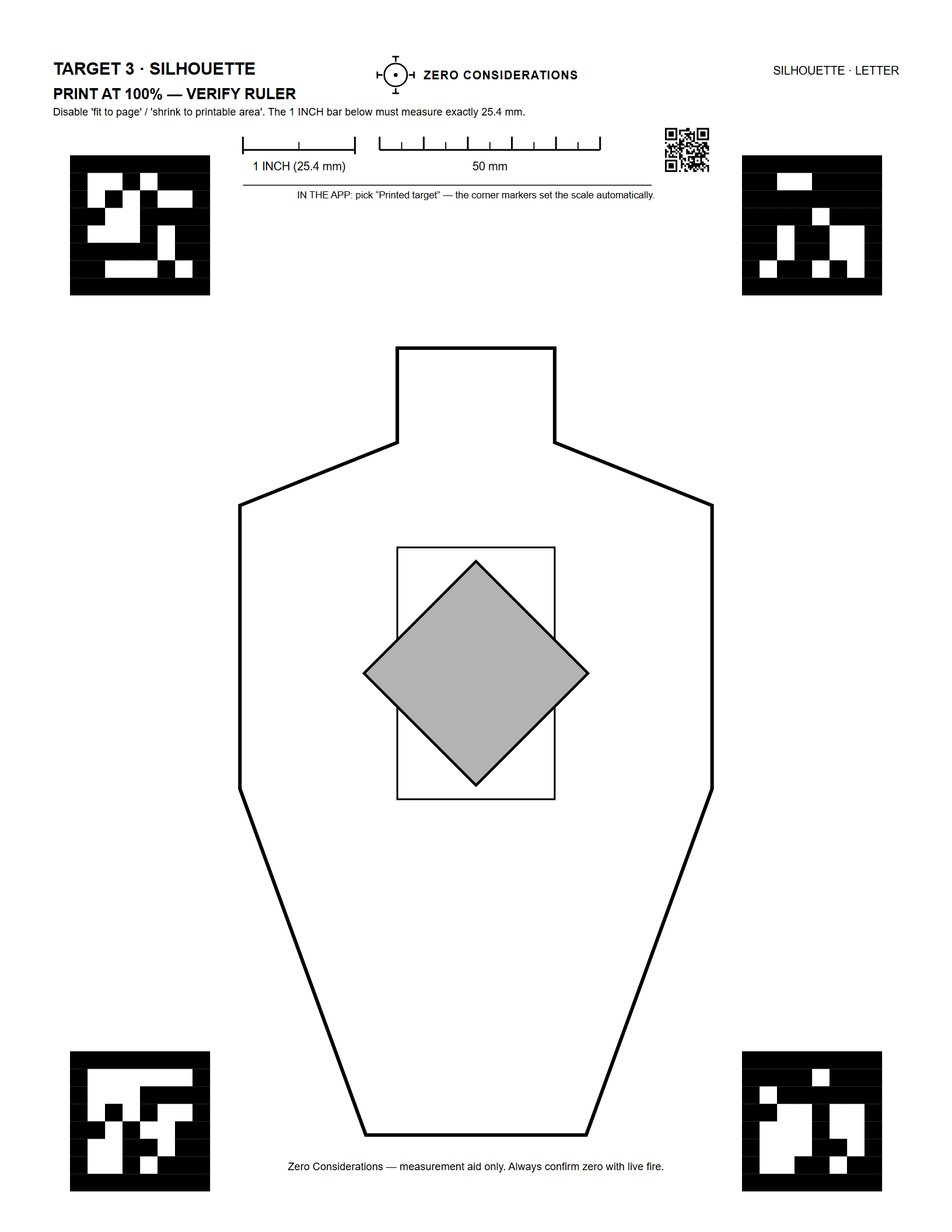 Printable IPSC-style silhouette target with POA diamond